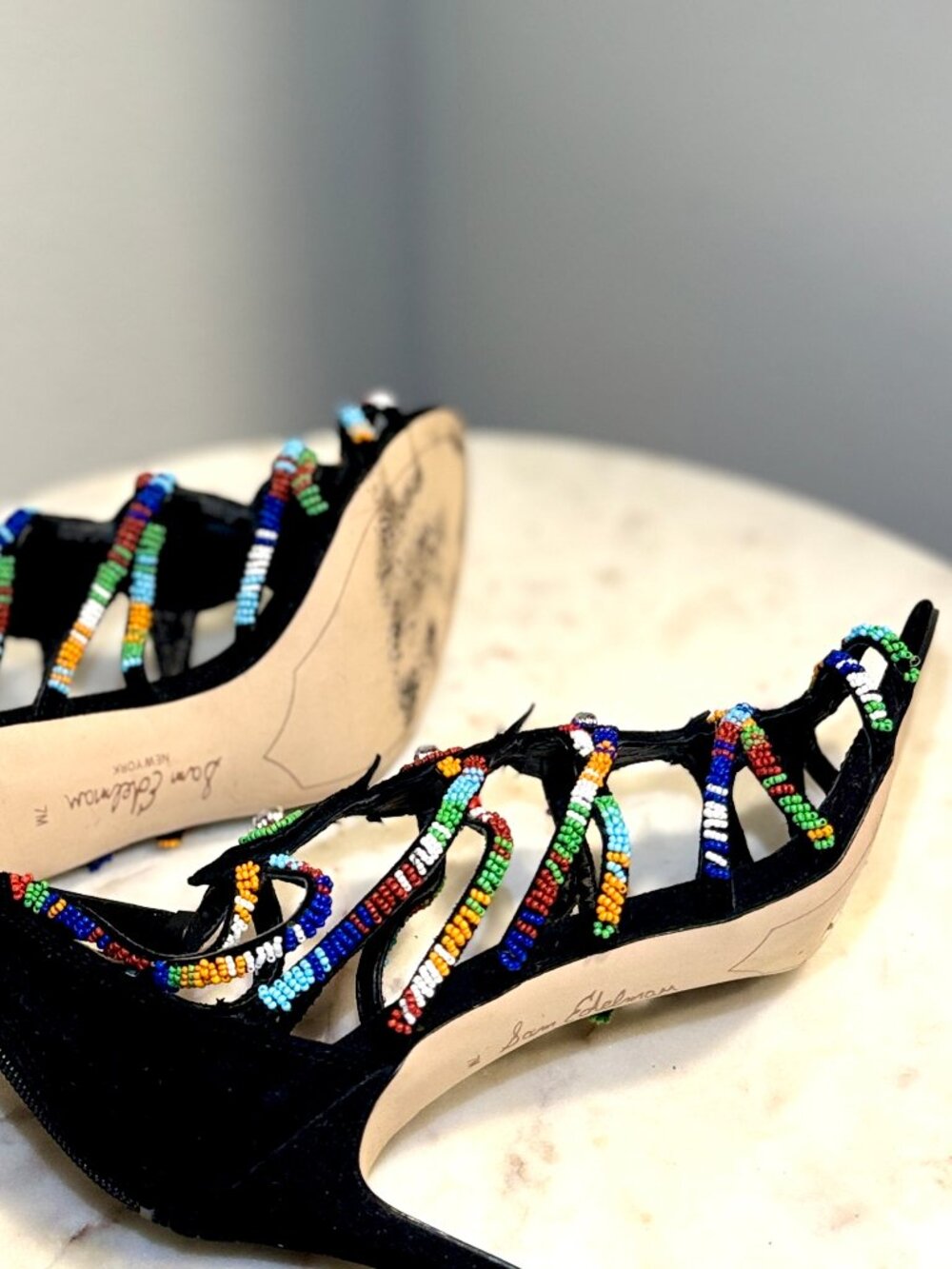 Sam Edelman Strappy Beaded High Heel Black Sandals - Picture 4 of 5